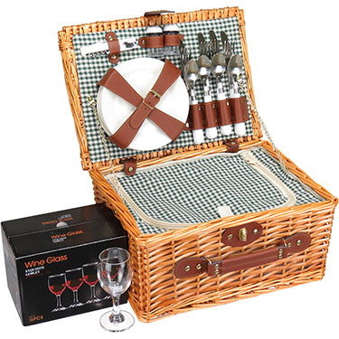 JG 24PÇS CESTA PICNIC PARA 4 PESSOAS HOME&amp;CO COM BOLSA TERMICA FIBRA NATURAL 19x28x38cm NATURAL